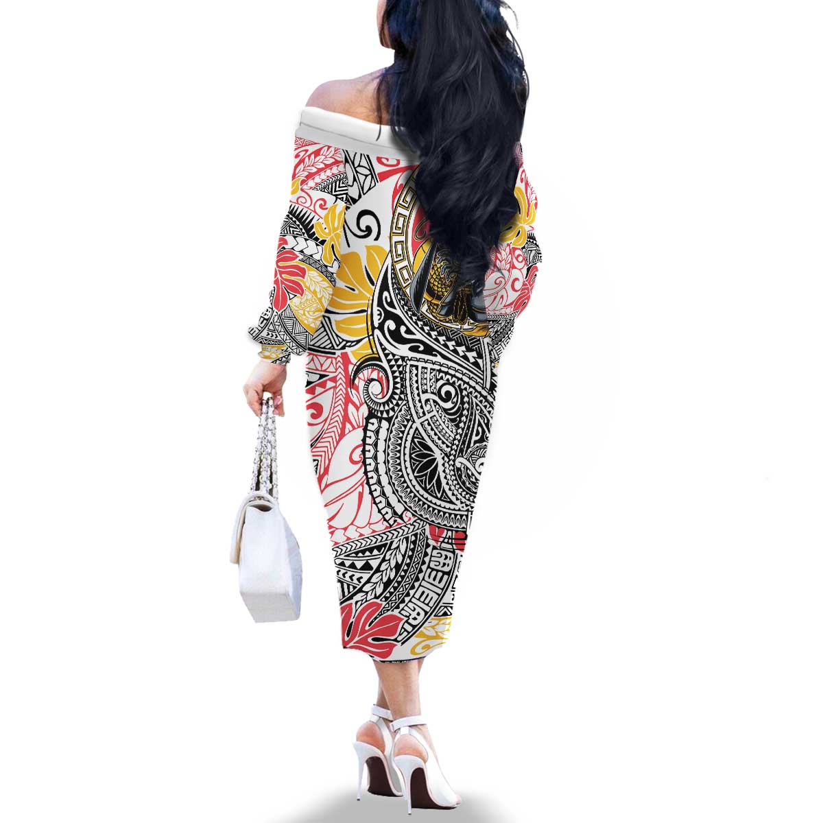 Japanese Samurai Warrior Family Matching Off The Shoulder Long Sleeve Dress and Hawaiian Shirt Colorful Polynesian Tattoo Style LT9 - Polynesian Pride