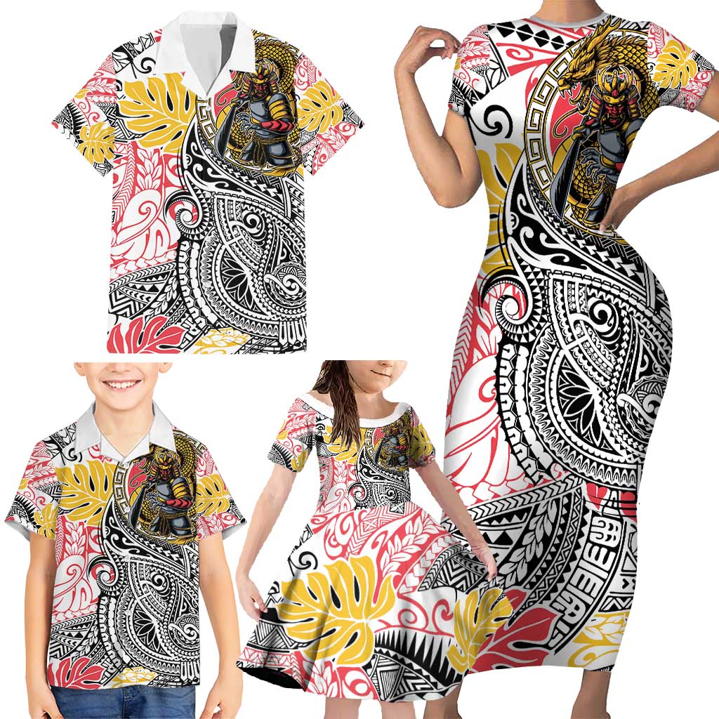 Japanese Samurai Warrior Family Matching Short Sleeve Bodycon Dress and Hawaiian Shirt Colorful Polynesian Tattoo Style LT9 - Polynesian Pride