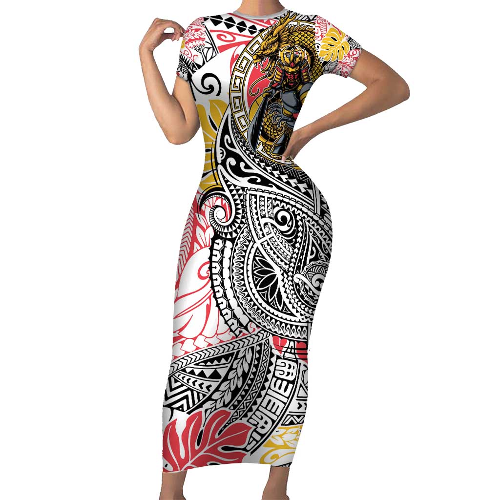 Japanese Samurai Warrior Family Matching Short Sleeve Bodycon Dress and Hawaiian Shirt Colorful Polynesian Tattoo Style LT9 Mom's Dress White - Polynesian Pride