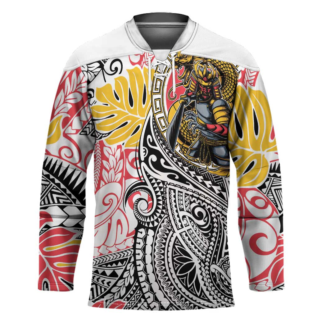 Japanese Samurai Warrior Hockey Jersey Colorful Polynesian Tattoo Style - Polynesian Pride