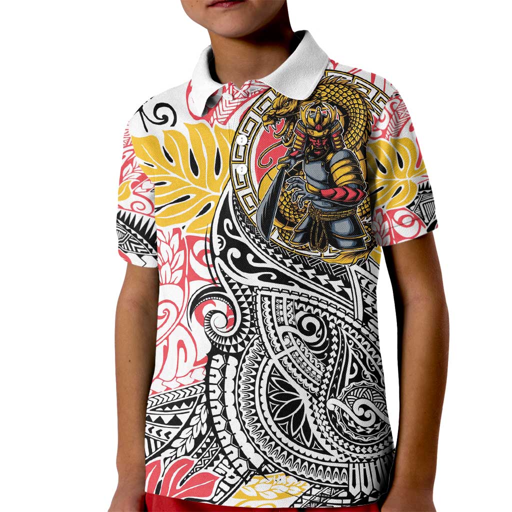 Japanese Samurai Warrior Kid Polo Shirt Colorful Polynesian Tattoo Style