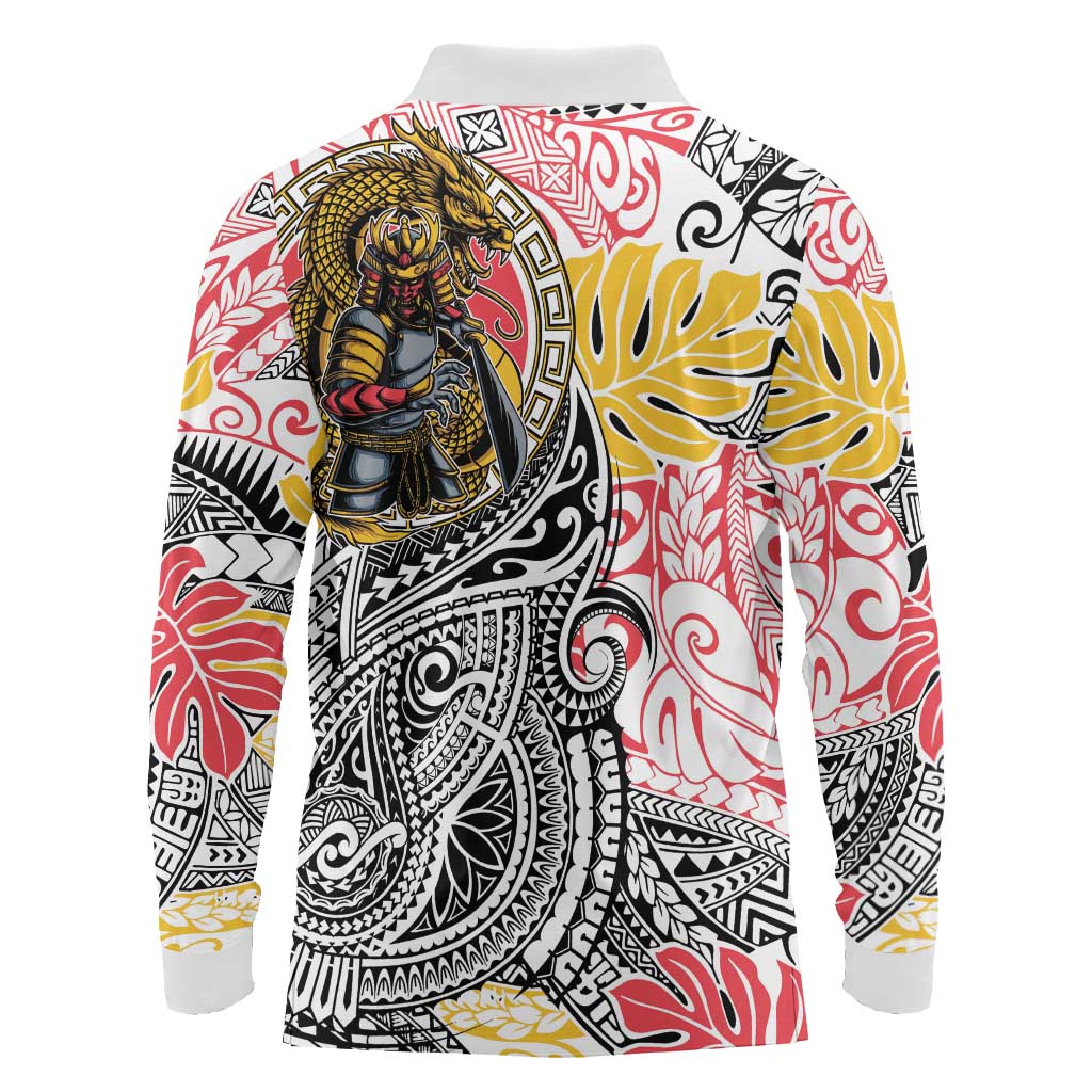 Japanese Samurai Warrior Long Sleeve Polo Shirt Colorful Polynesian Tattoo Style