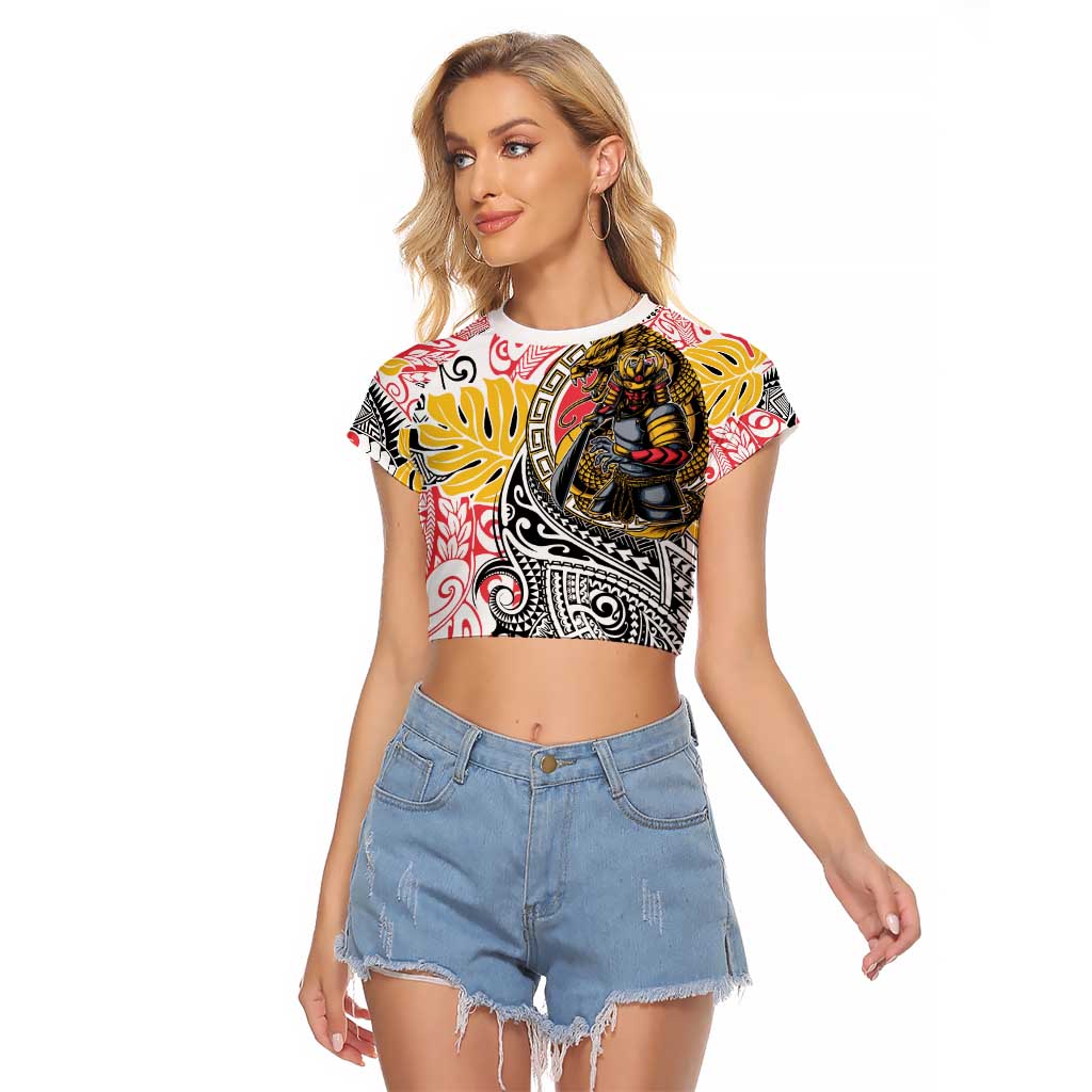 Japanese Samurai Warrior Raglan Cropped T Shirt Colorful Polynesian Tattoo Style