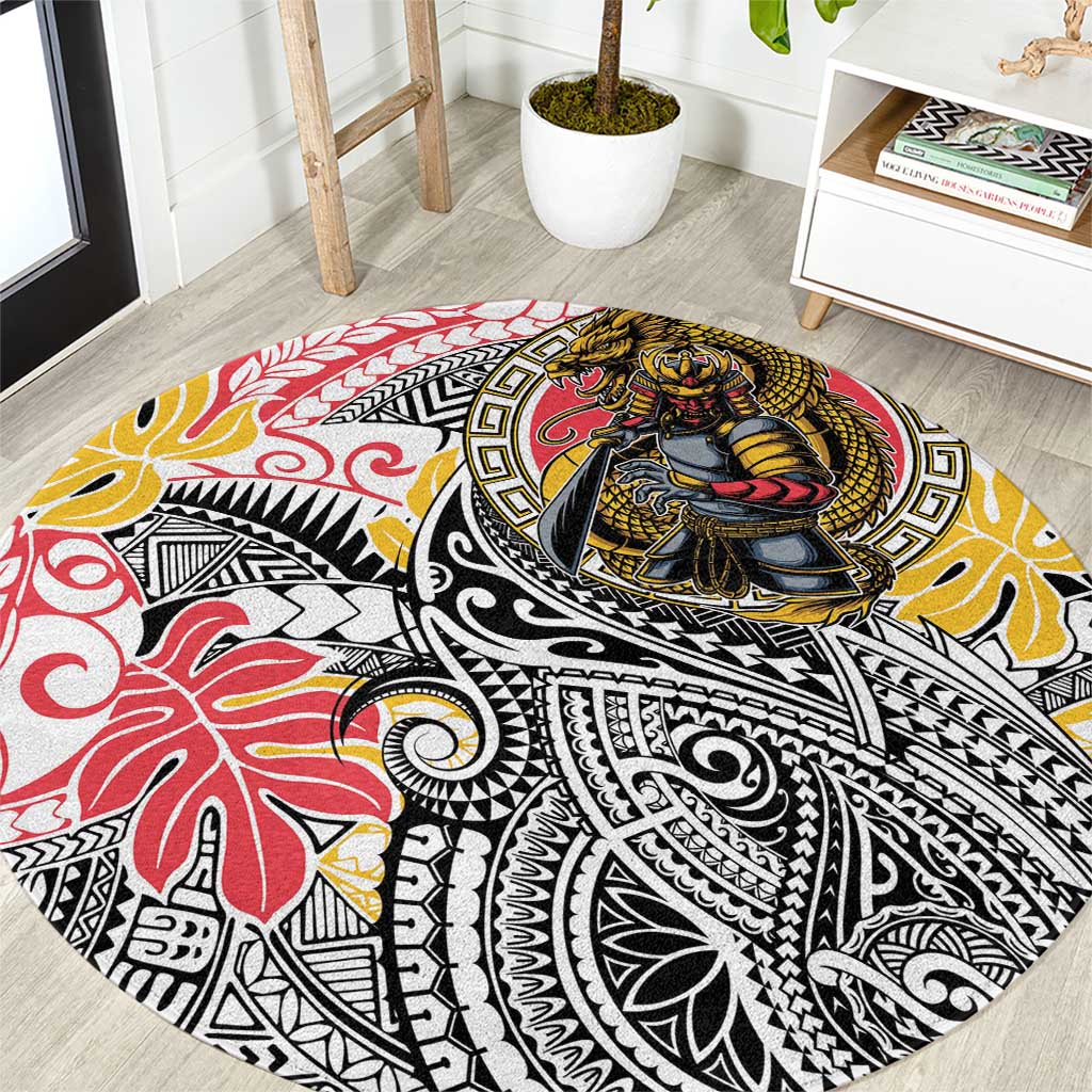 Japanese Samurai Warrior Round Carpet Colorful Polynesian Tattoo Style LT9 White - Polynesian Pride