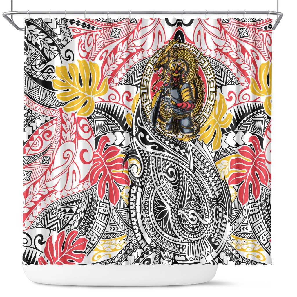 Japanese Samurai Warrior Shower Curtain Colorful Polynesian Tattoo Style LT9 White - Polynesian Pride