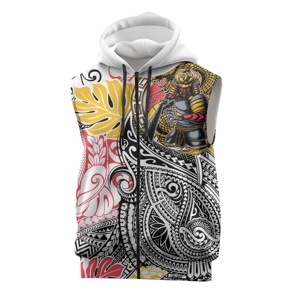 Japanese Samurai Warrior Sleeveless Zip Hoodie Colorful Polynesian Tattoo Style LT9 White - Polynesian Pride