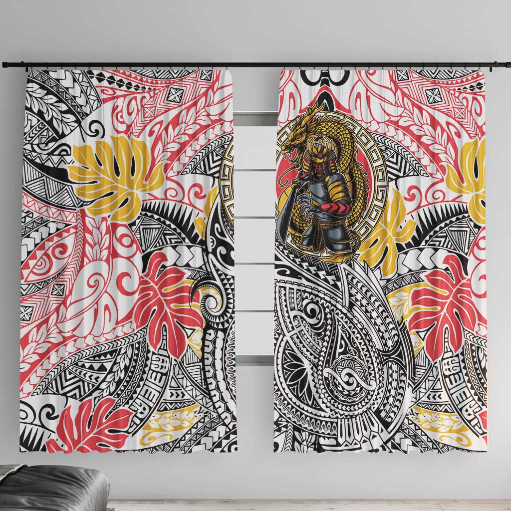 Japanese Samurai Warrior Window Curtain Colorful Polynesian Tattoo Style LT9 With Hooks White - Polynesian Pride