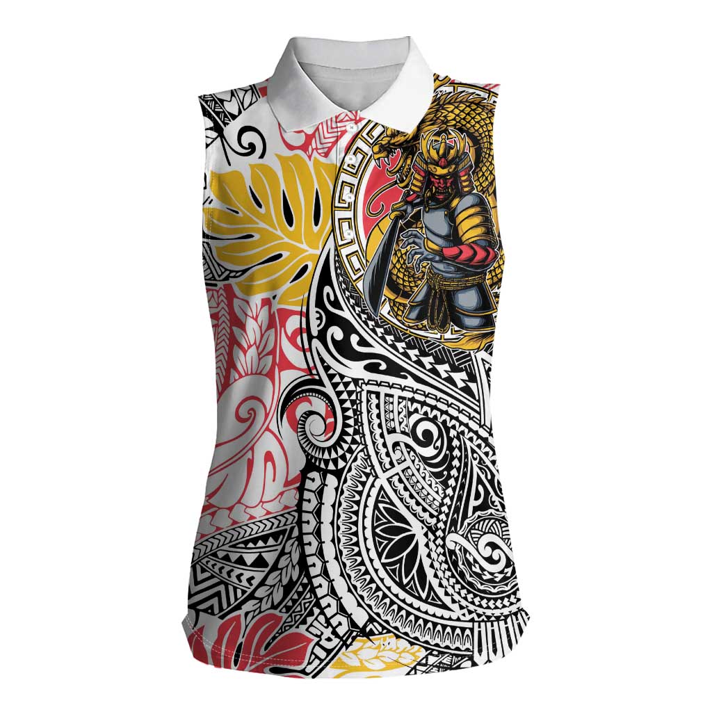 Japanese Samurai Warrior Women Sleeveless Polo Shirt Colorful Polynesian Tattoo Style