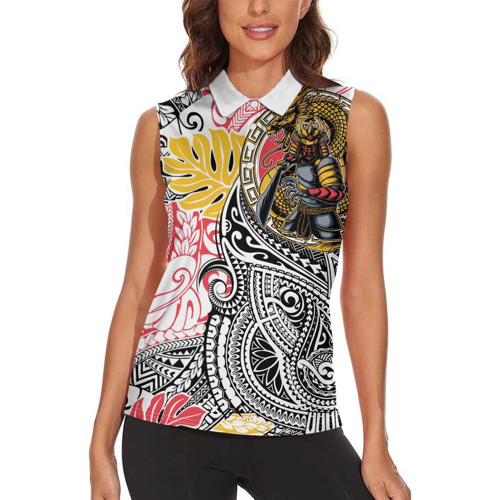 Japanese Samurai Warrior Women Sleeveless Polo Shirt Colorful Polynesian Tattoo Style