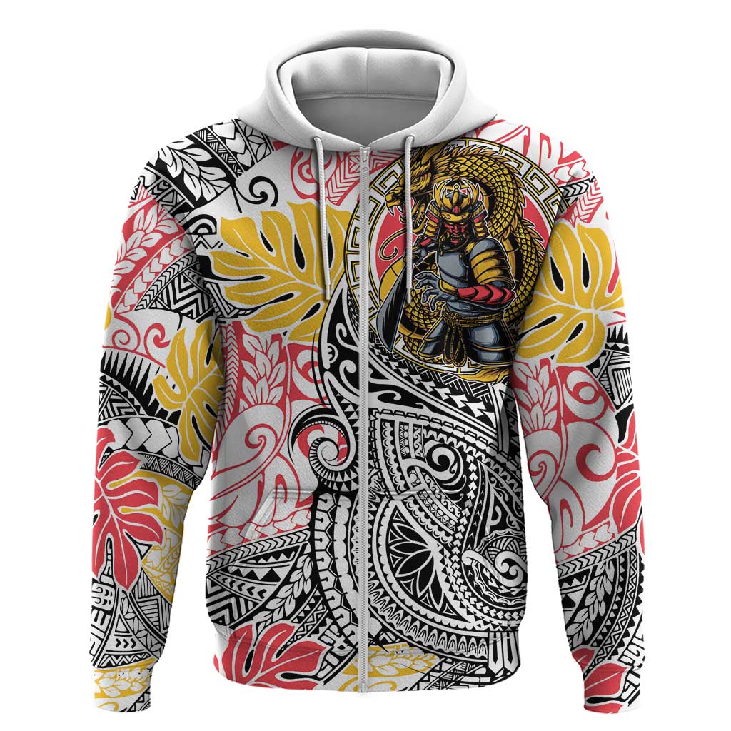 Japanese Samurai Warrior Zip Hoodie Colorful Polynesian Tattoo Style LT9 Zip Hoodie White - Polynesian Pride