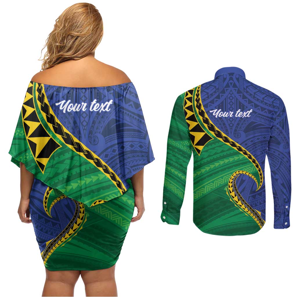 Solomon Islands Independence Day 1978 Personalised Couples Matching Off Shoulder Short Dress and Long Sleeve Button Shirt Polynesian Pattern with Flag Style