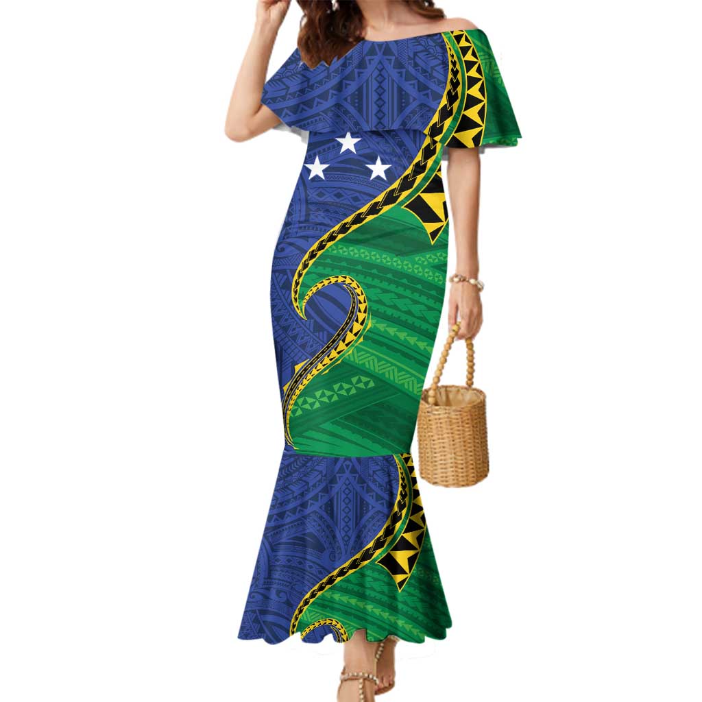 Solomon Islands Independence Day 1978 Personalised Family Matching Mermaid Dress and Hawaiian Shirt Polynesian Pattern with Flag Style