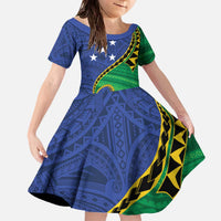 Solomon Islands Independence Day 1978 Personalised Family Matching Off The Shoulder Long Sleeve Dress and Hawaiian Shirt Polynesian Pattern with Flag Style