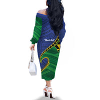 Solomon Islands Independence Day 1978 Personalised Family Matching Off The Shoulder Long Sleeve Dress and Hawaiian Shirt Polynesian Pattern with Flag Style