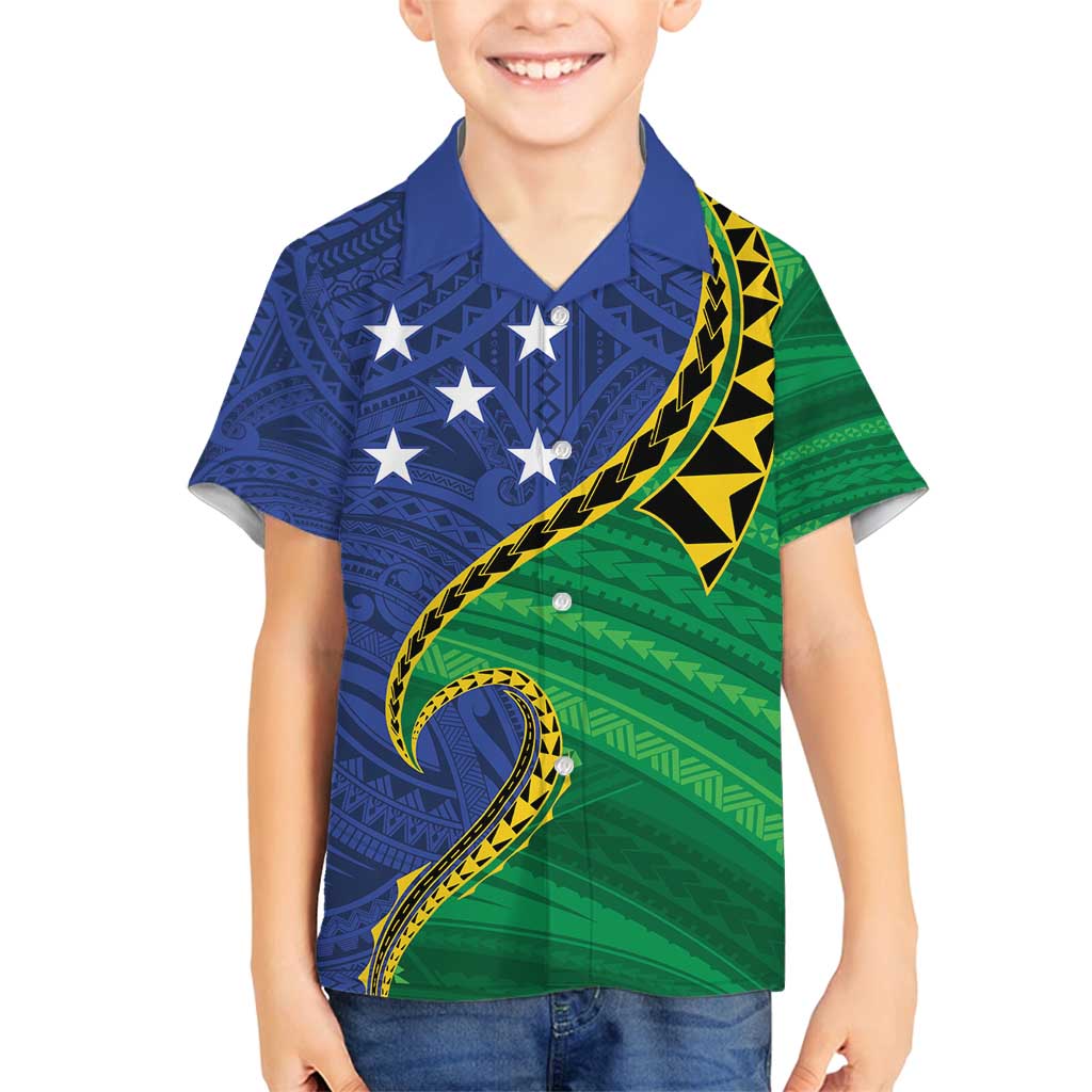 Solomon Islands Independence Day 1978 Personalised Family Matching Off Shoulder Short Dress and Hawaiian Shirt Polynesian Pattern with Flag Style