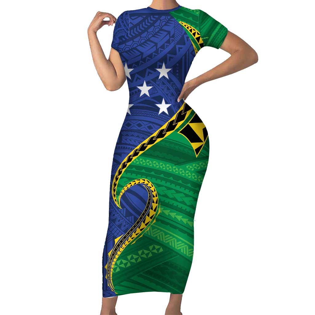 Solomon Islands Independence Day 1978 Personalised Family Matching Short Sleeve Bodycon Dress and Hawaiian Shirt Polynesian Pattern with Flag Style