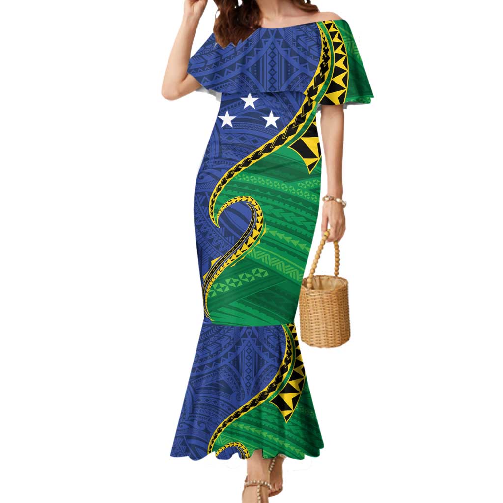 Solomon Islands Independence Day 1978 Personalised Mermaid Dress Polynesian Pattern with Flag Style