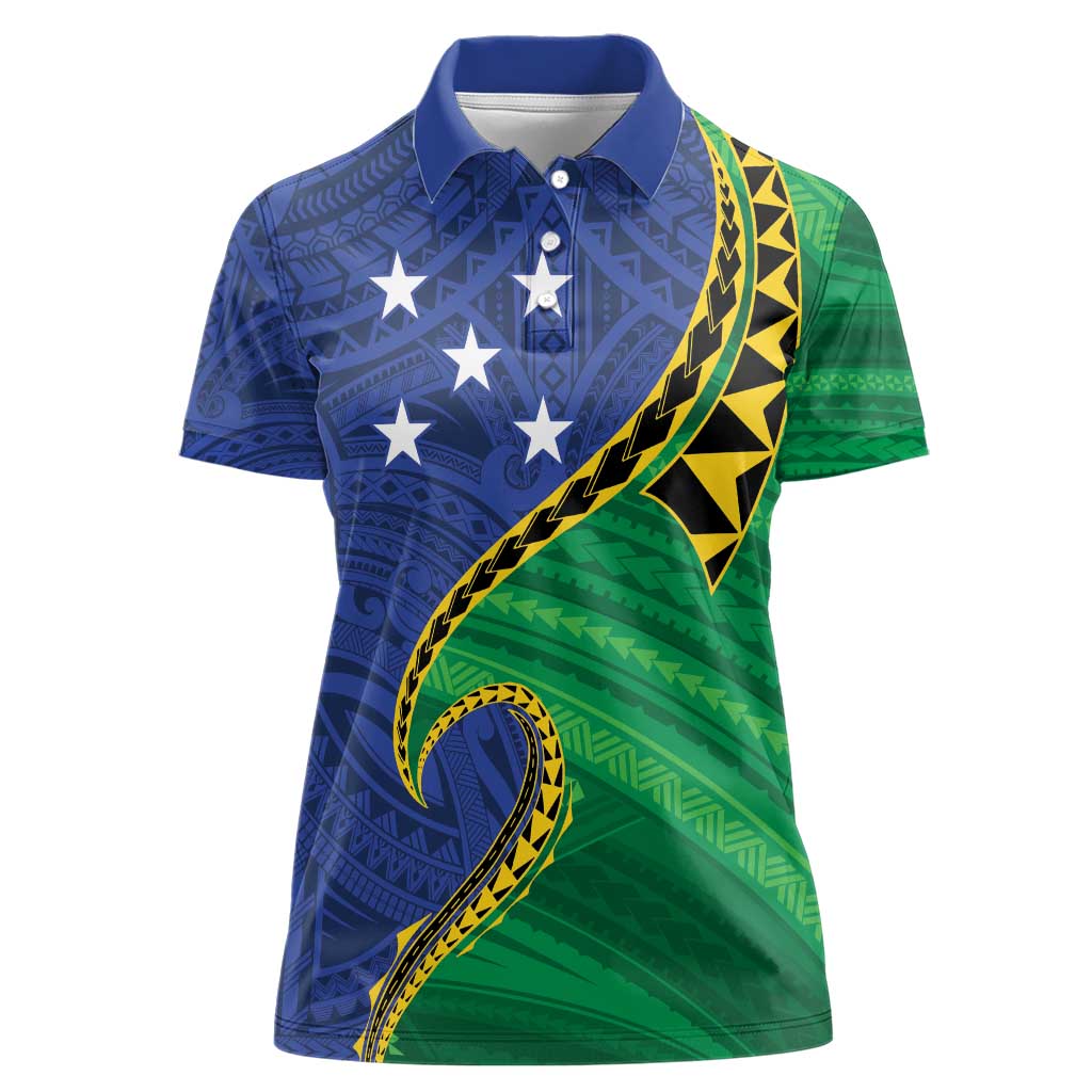 Solomon Islands Independence Day 1978 Personalised Women Polo Shirt Polynesian Pattern with Flag Style