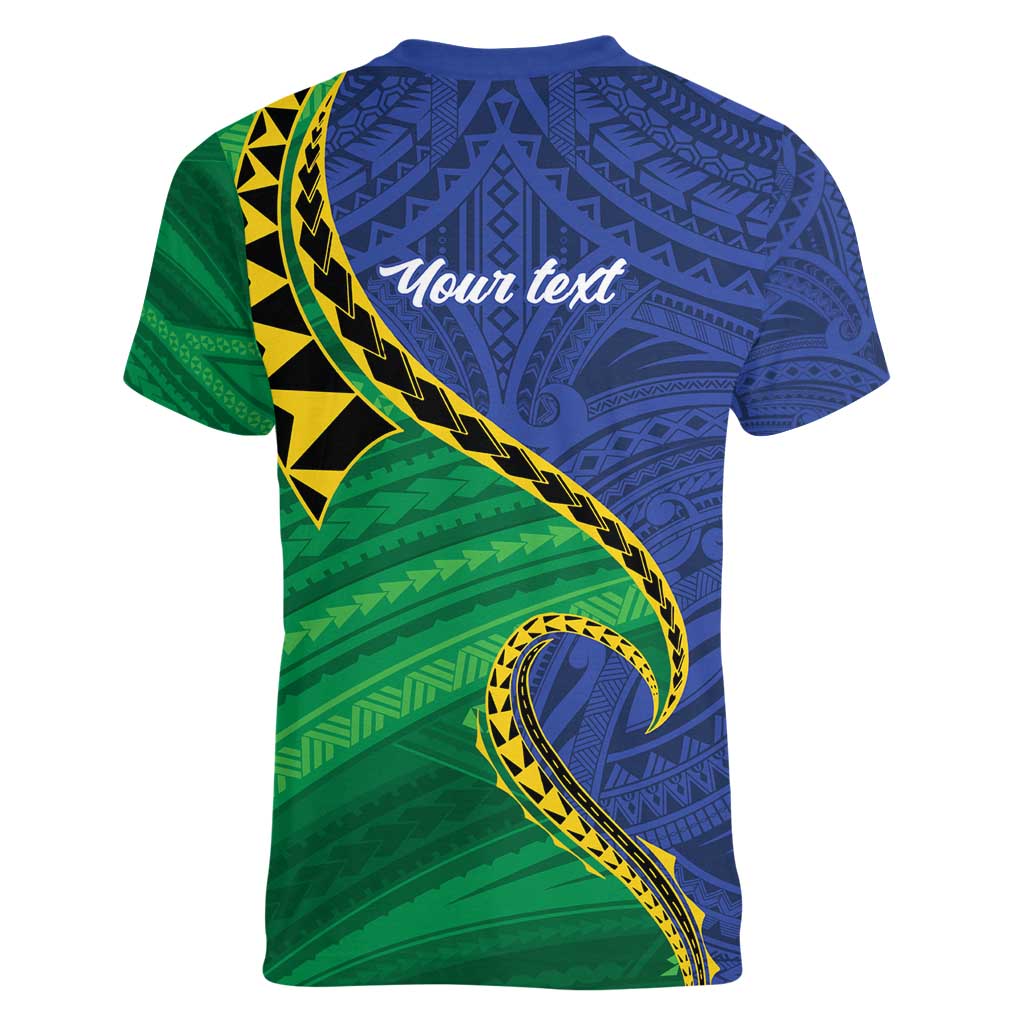 Solomon Islands Independence Day 1978 Personalised Women V-Neck T-Shirt Polynesian Pattern with Flag Style