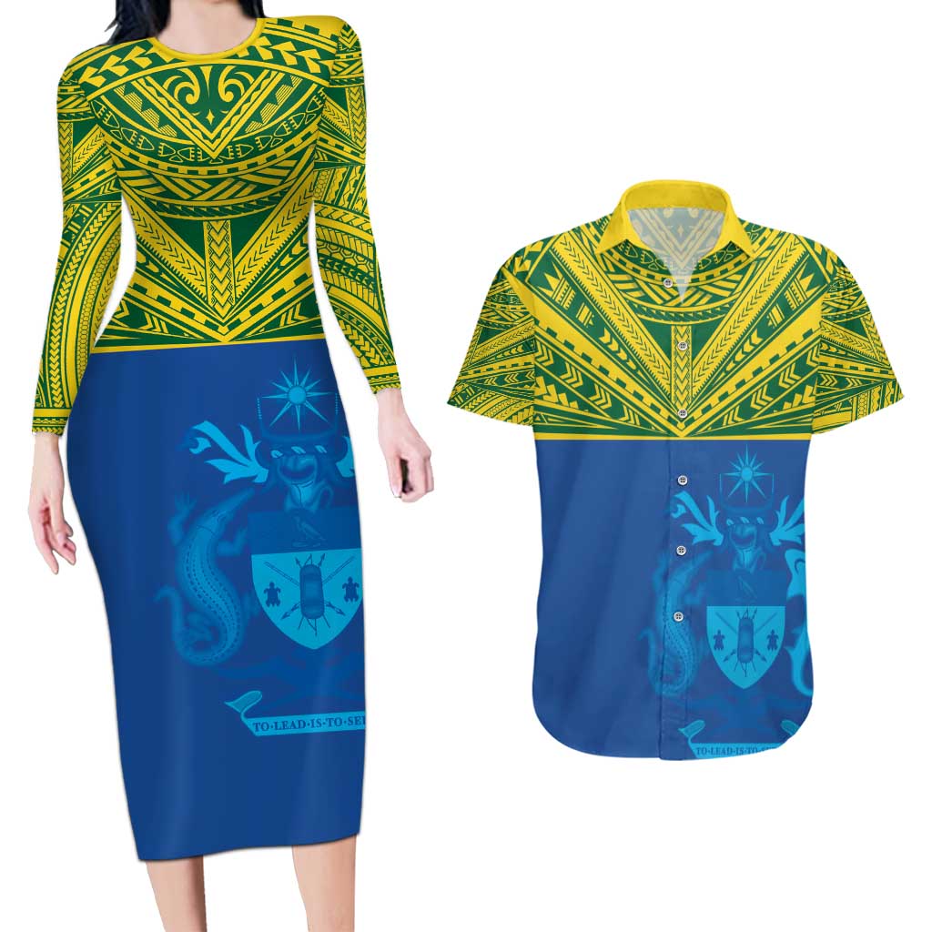 Solomon Islands Rugby Custom Couples Matching Long Sleeve Bodycon Dress and Hawaiian Shirt Simple Coat of arm Polynesian Pattern