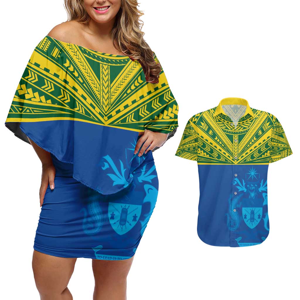 Solomon Islands Rugby Custom Couples Matching Off Shoulder Short Dress and Hawaiian Shirt Simple Coat of arm Polynesian Pattern