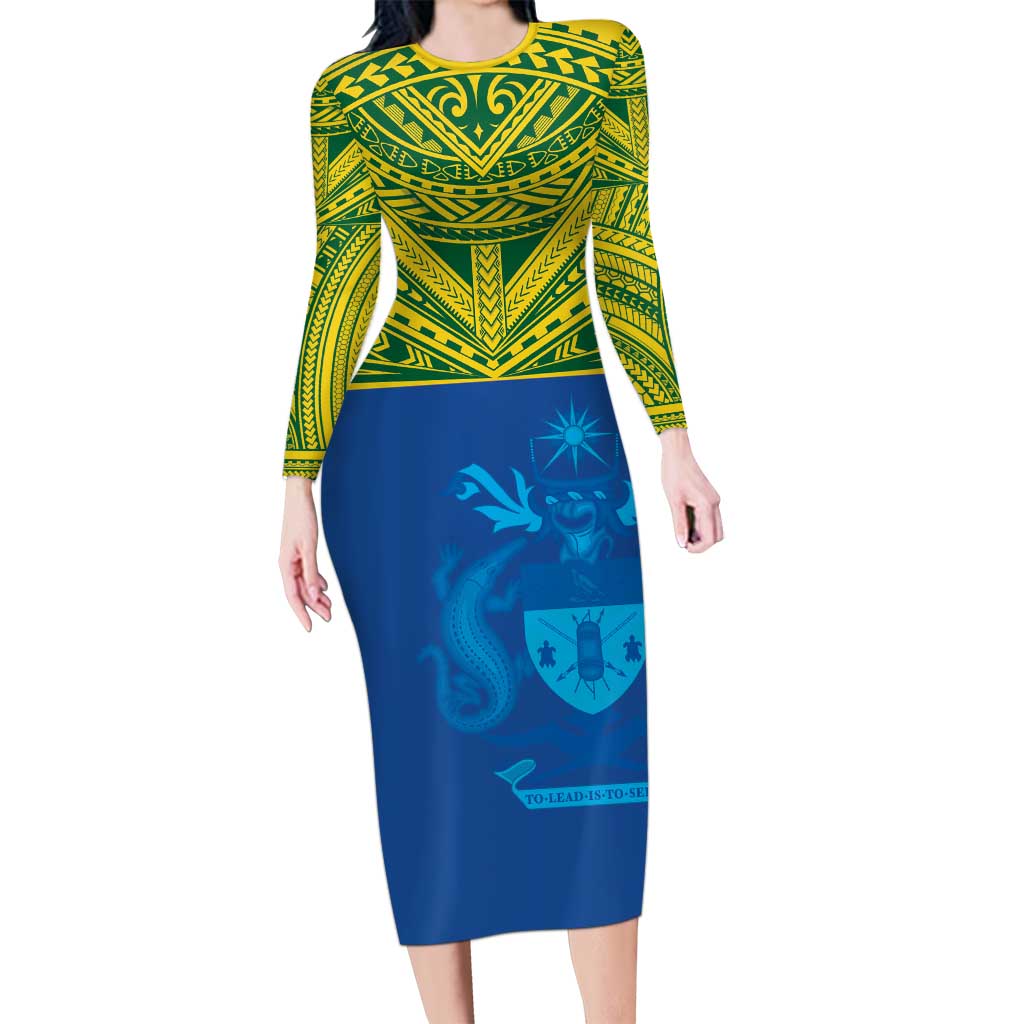 Solomon Islands Rugby Custom Family Matching Long Sleeve Bodycon Dress and Hawaiian Shirt Simple Coat of arm Polynesian Pattern LT9 Mom's Dress Gold - Polynesian Pride