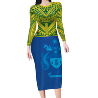 Solomon Islands Rugby Custom Family Matching Long Sleeve Bodycon Dress and Hawaiian Shirt Simple Coat of arm Polynesian Pattern LT9 Mom's Dress Gold - Polynesian Pride