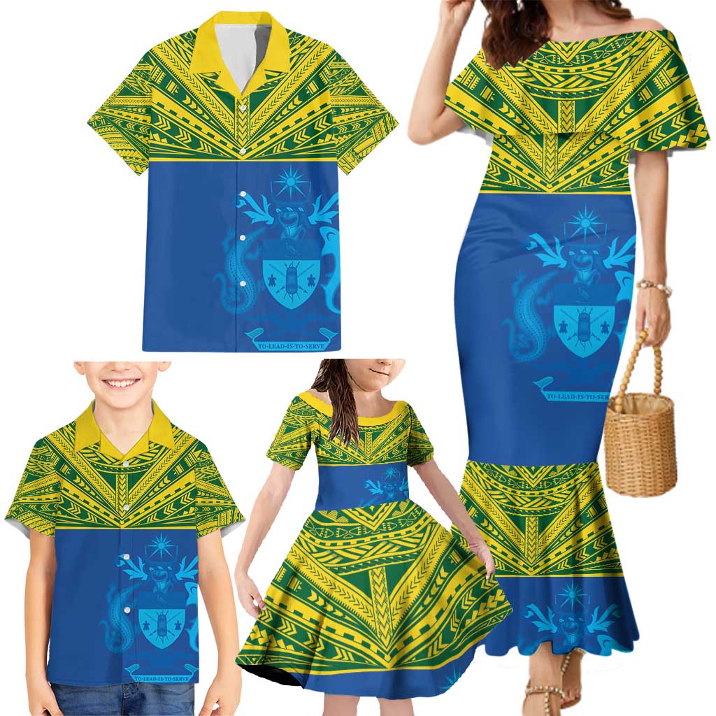 Solomon Islands Rugby Custom Family Matching Mermaid Dress and Hawaiian Shirt Simple Coat of arm Polynesian Pattern