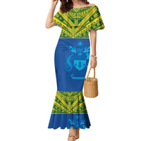 Solomon Islands Rugby Custom Family Matching Mermaid Dress and Hawaiian Shirt Simple Coat of arm Polynesian Pattern LT9 Mom's Dress Gold - Polynesian Pride