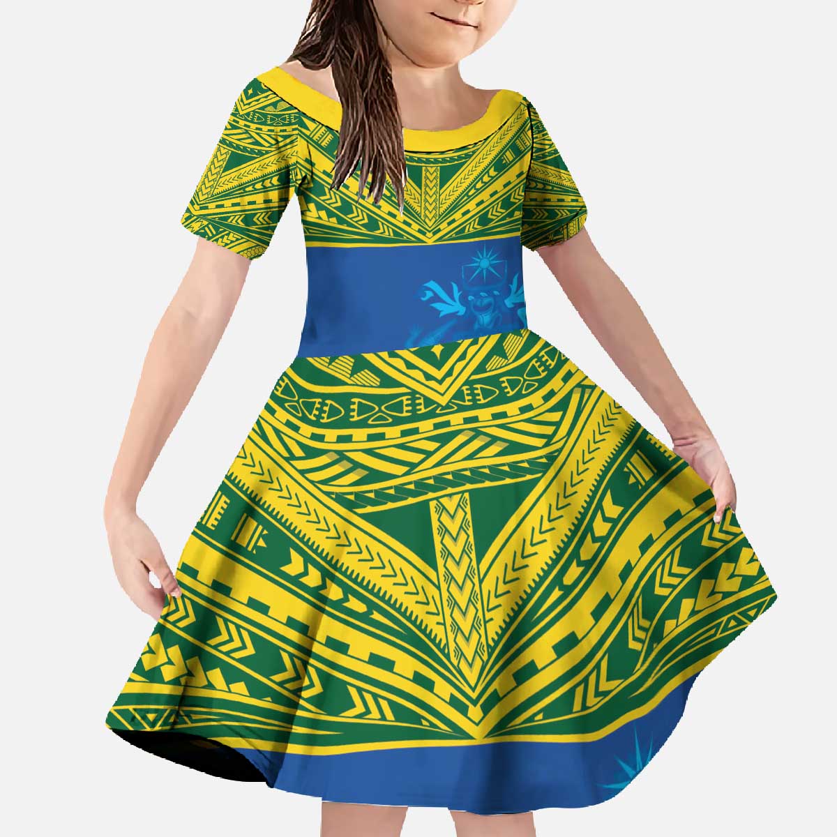Solomon Islands Rugby Custom Family Matching Off The Shoulder Long Sleeve Dress and Hawaiian Shirt Simple Coat of arm Polynesian Pattern LT9 Daughter's Dress Gold - Polynesian Pride
