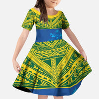 Solomon Islands Rugby Custom Family Matching Off The Shoulder Long Sleeve Dress and Hawaiian Shirt Simple Coat of arm Polynesian Pattern LT9 Daughter's Dress Gold - Polynesian Pride