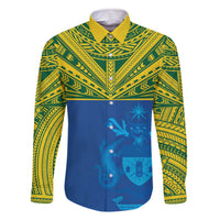 Solomon Islands Rugby Custom Family Matching Off The Shoulder Long Sleeve Dress and Hawaiian Shirt Simple Coat of arm Polynesian Pattern LT9 Dad's Shirt - Long Sleeve Gold - Polynesian Pride