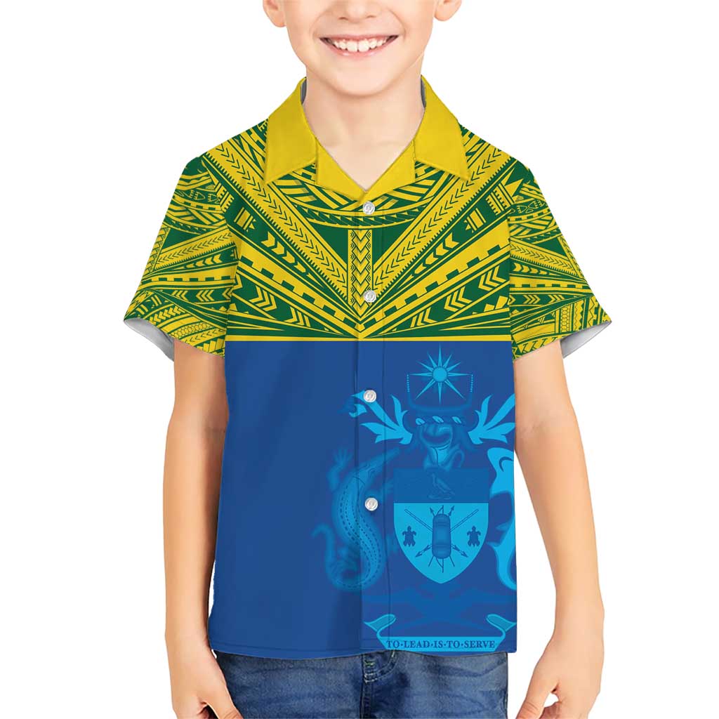 Solomon Islands Rugby Custom Family Matching Short Sleeve Bodycon Dress and Hawaiian Shirt Simple Coat of arm Polynesian Pattern LT9 Son's Shirt Gold - Polynesian Pride