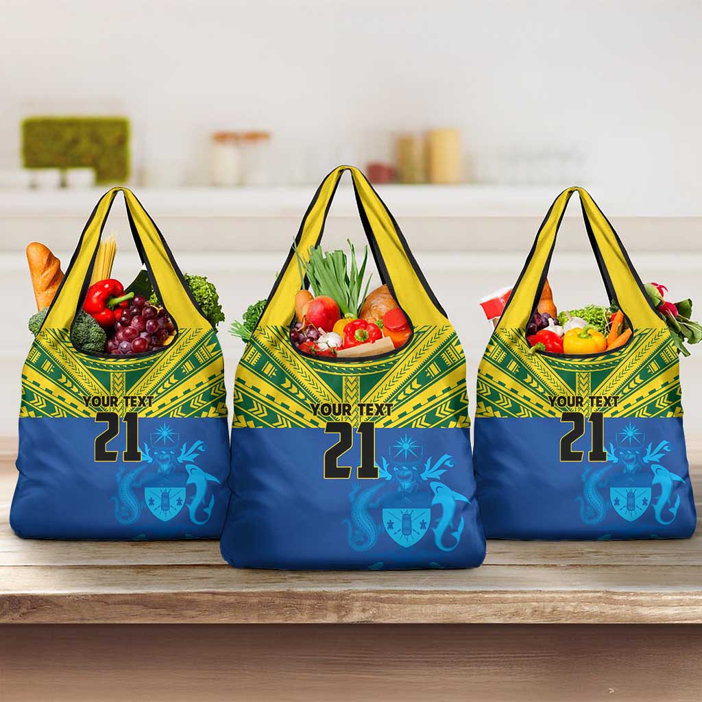 Solomon Islands Rugby Custom Grocery Bag Simple Coat of arm Polynesian Pattern
