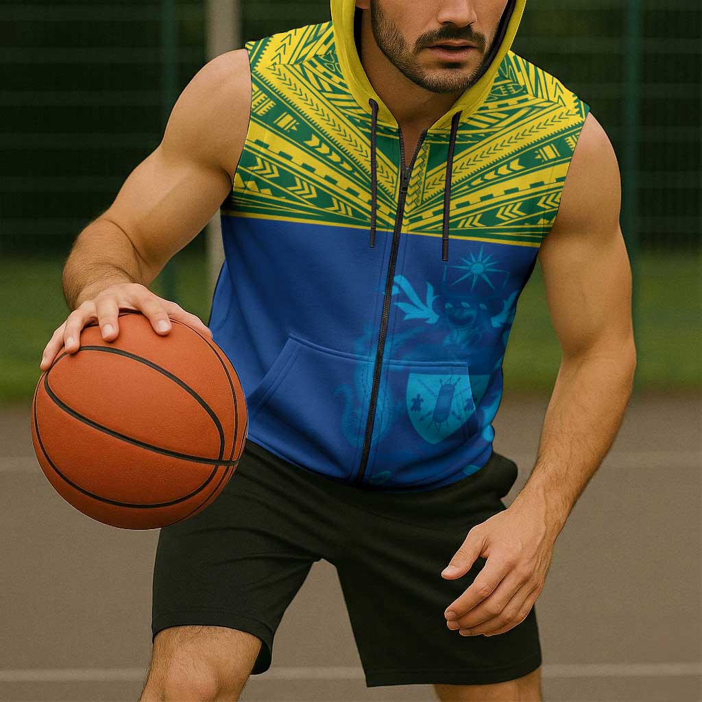 Solomon Islands Rugby Custom Sleeveless Zip Hoodie Simple Coat of arm Polynesian Pattern - Polynesian Pride