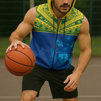 Solomon Islands Rugby Custom Sleeveless Zip Hoodie Simple Coat of arm Polynesian Pattern - Polynesian Pride