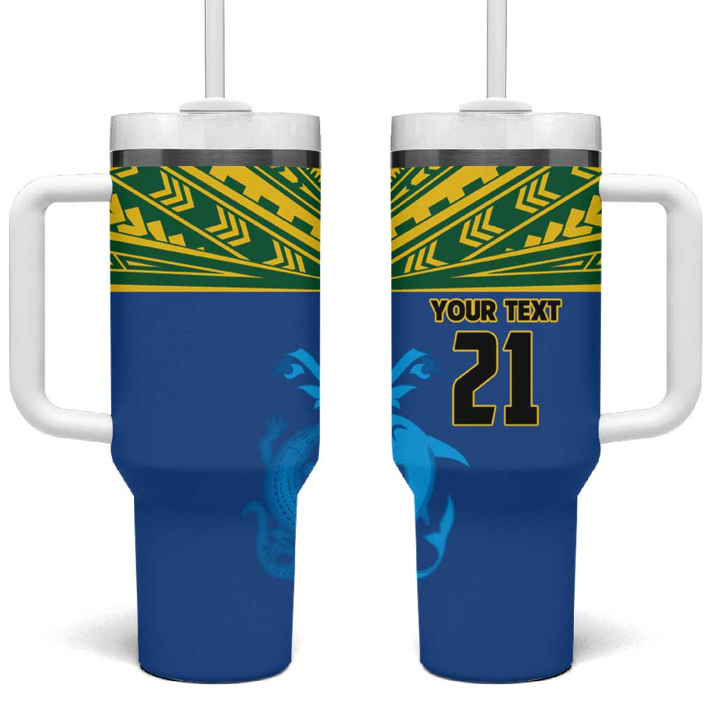 Solomon Islands Rugby Custom Tumbler With Handle Simple Coat of arm Polynesian Pattern