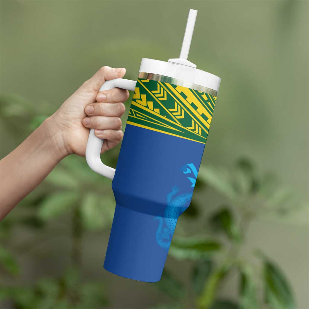Solomon Islands Rugby Custom Tumbler With Handle Simple Coat of arm Polynesian Pattern