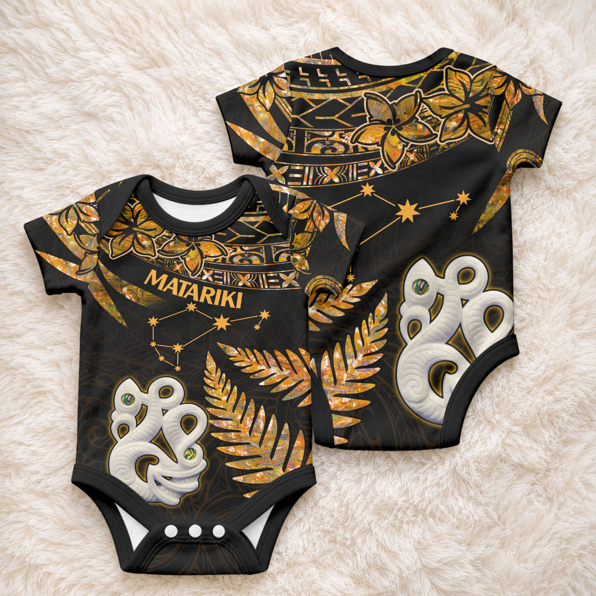 Matariki Stars Manaia with Paua Shell - Gold Baby Onesie LT9 - Polynesian Pride