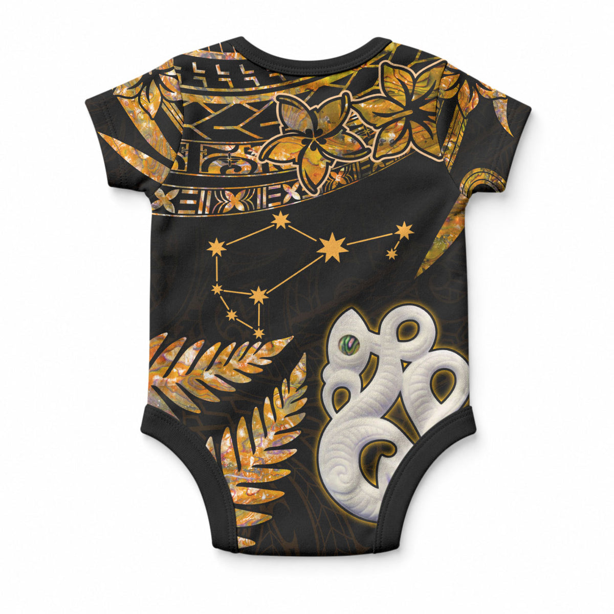 Matariki Stars Manaia with Paua Shell - Gold Baby Onesie LT9 - Polynesian Pride