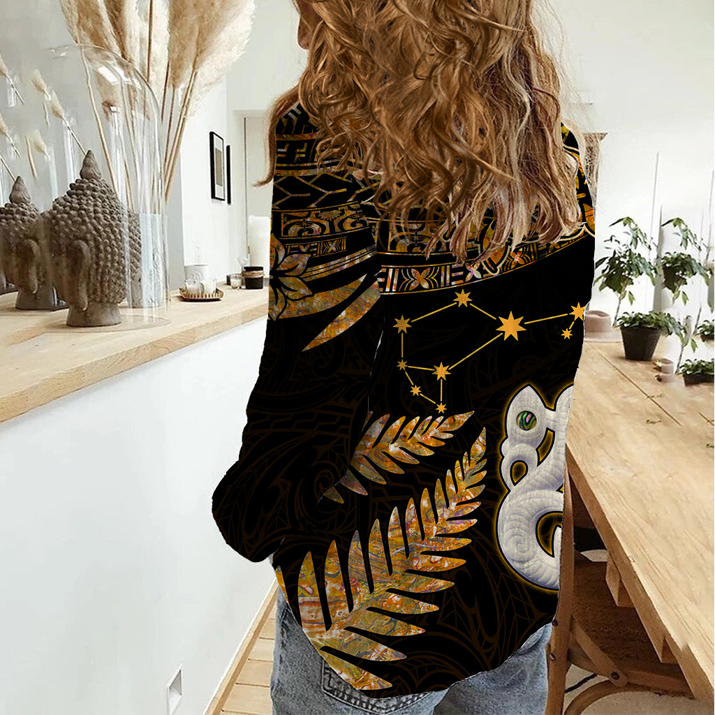 Maori Women Casual Shirt Matariki Stars Manaia with Paua Shell - Gold LT9 - Polynesian Pride