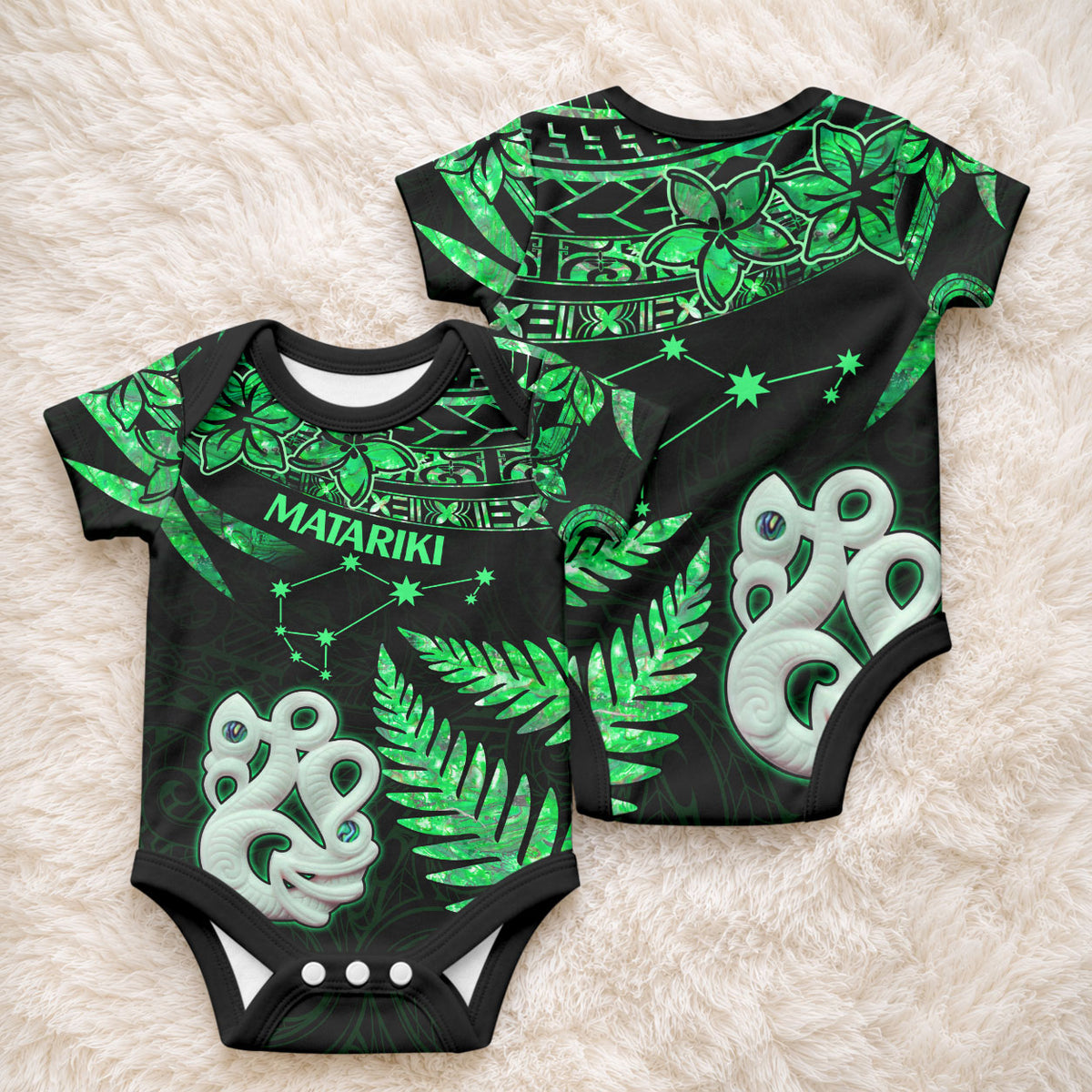 Matariki Stars Manaia with Paua Shell - Green Baby Onesie LT9 - Polynesian Pride