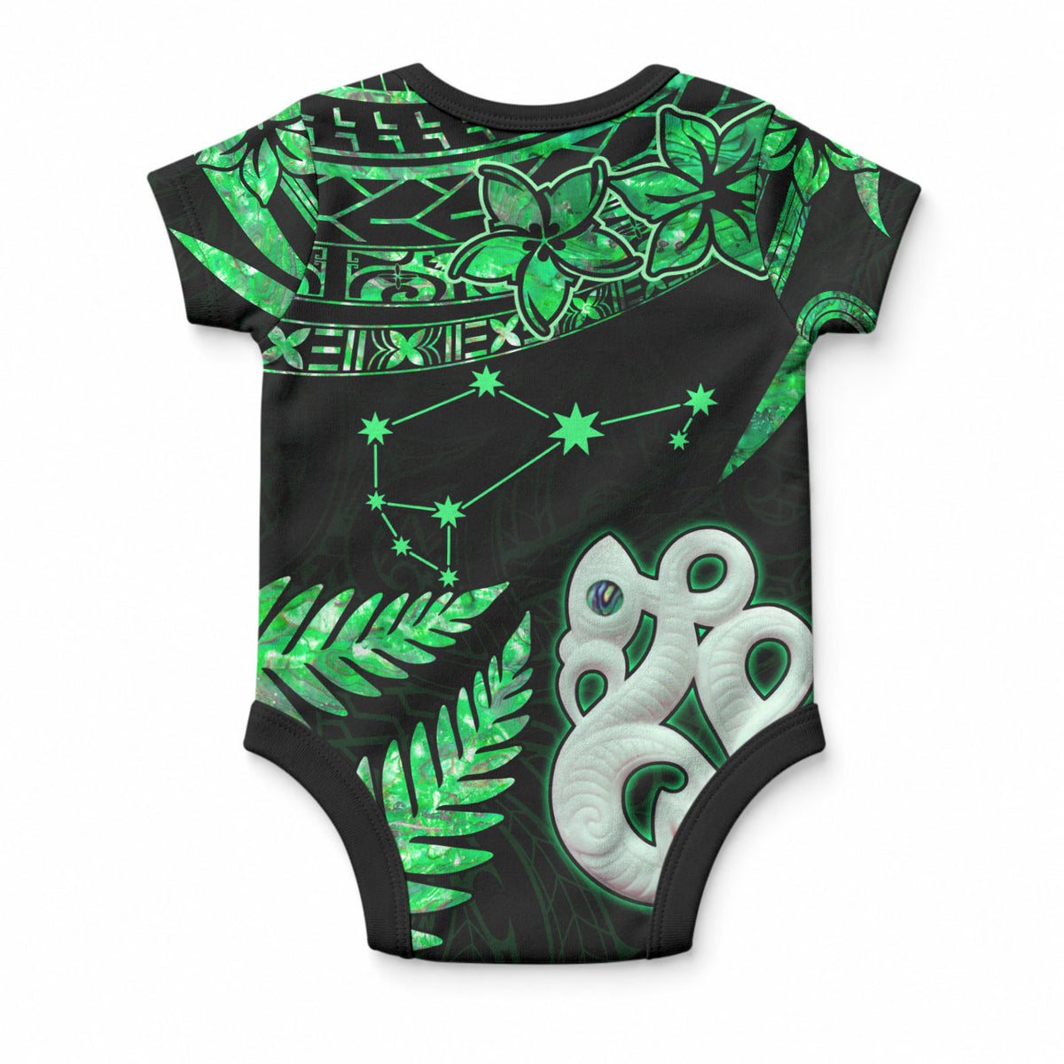 Matariki Stars Manaia with Paua Shell - Green Baby Onesie LT9 - Polynesian Pride