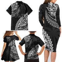 Fiji Rugby Family Matching Long Sleeve Bodycon Dress and Hawaiian Shirt Kaiviti Fijian Tribal World Cup Black LT9 - Polynesian Pride