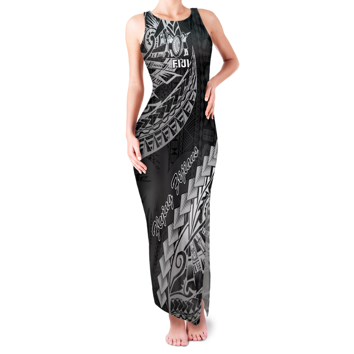 Fiji Rugby Family Matching Tank Maxi Dress and Hawaiian Shirt Kaiviti Fijian Tribal World Cup Black LT9 Mom's Dress Black - Polynesian Pride