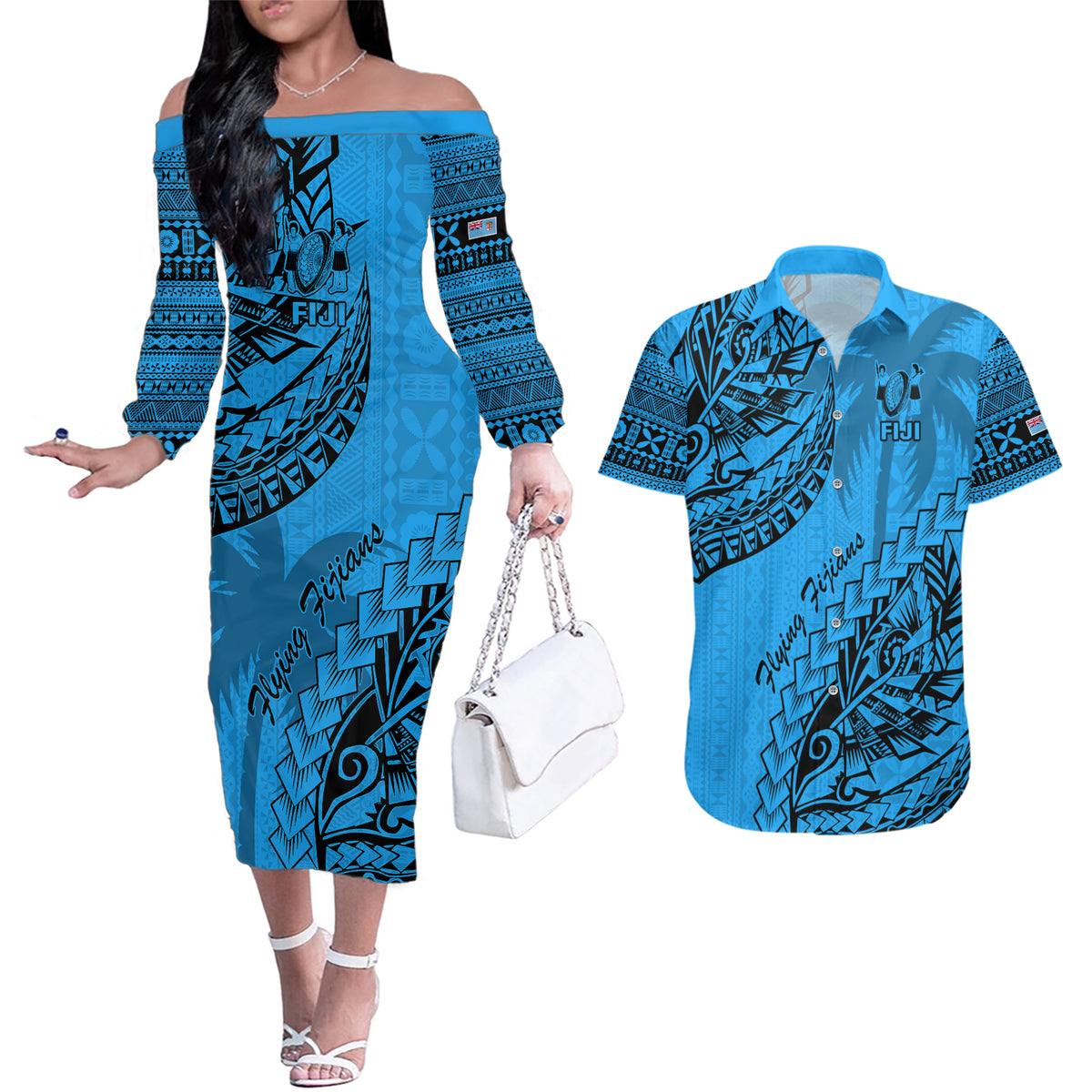 Fiji Rugby Couples Matching Off The Shoulder Long Sleeve Dress and Hawaiian Shirt Kaiviti Fijian Tribal World Cup Blue No1 LT9 Blue - Polynesian Pride