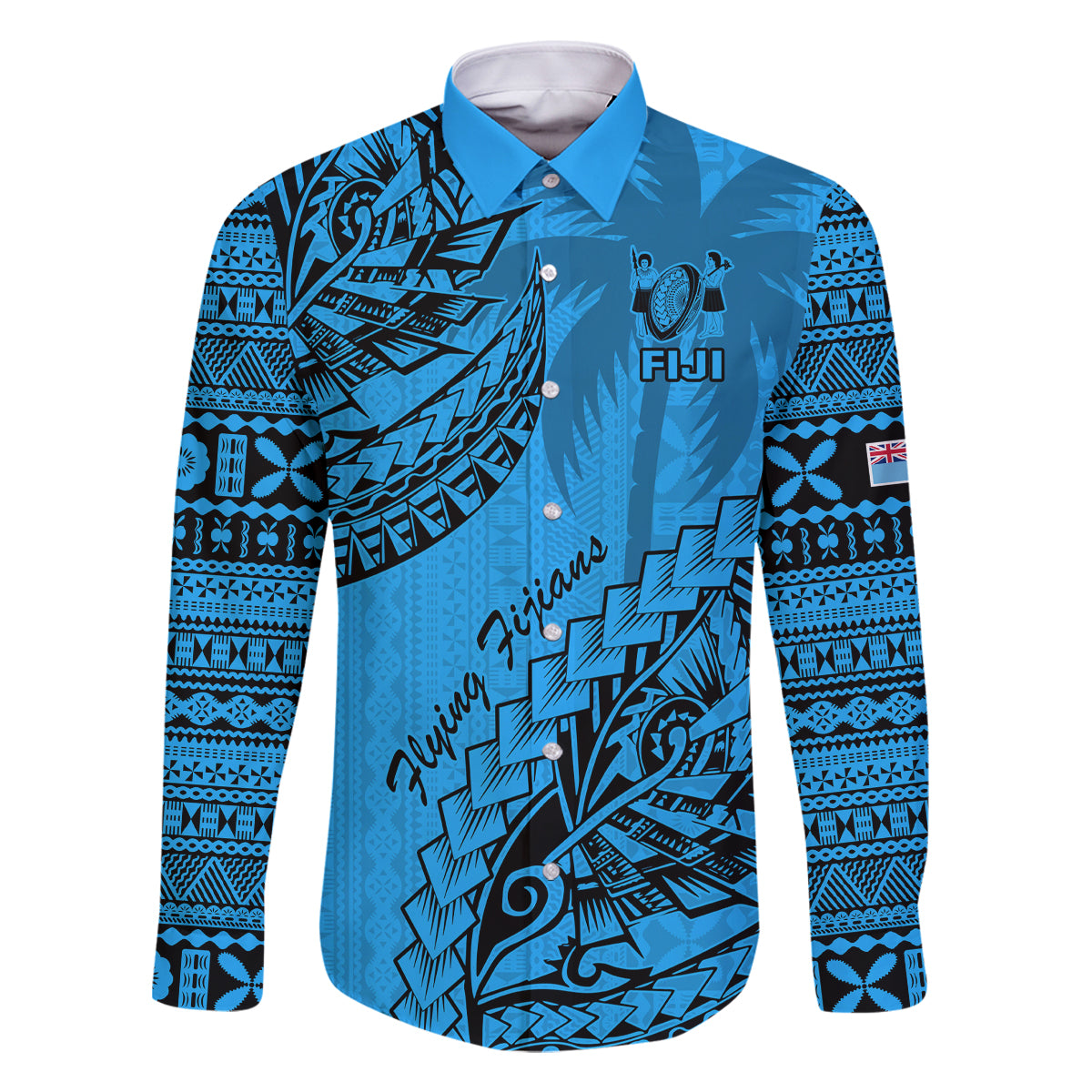 Fiji Rugby Family Matching Off Shoulder Long Sleeve Dress and Hawaiian Shirt Kaiviti Fijian Tribal World Cup Blue No1 LT9 Dad's Shirt - Long Sleeve Blue - Polynesian Pride