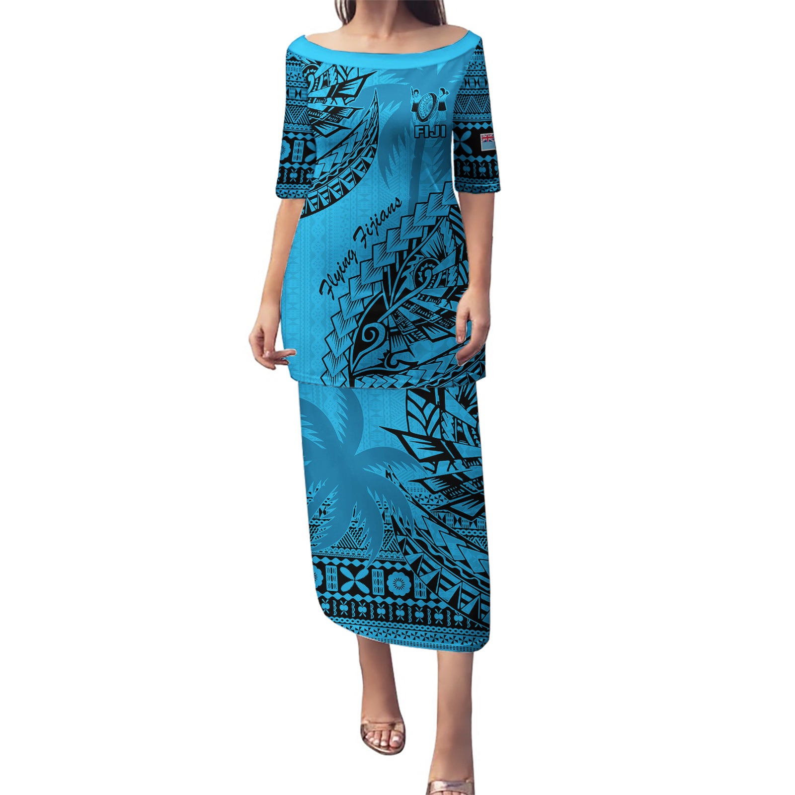 Fiji Rugby Puletasi Kaiviti Fijian Tribal World Cup Blue No1 LT9 Long Dress Blue - Polynesian Pride