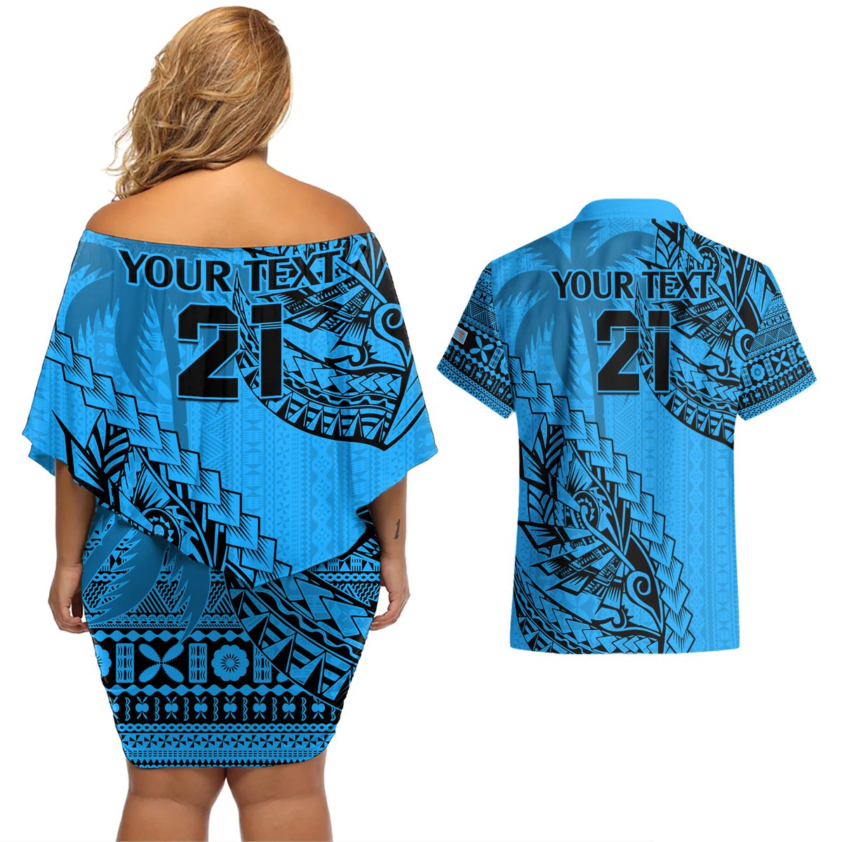 Custom Fiji Rugby Couples Matching Off Shoulder Short Dress and Hawaiian Shirt Kaiviti Fijian Tribal World Cup Blue No1 LT9 - Polynesian Pride