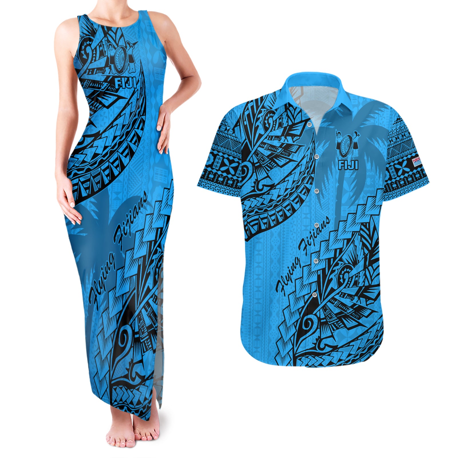Custom Fiji Rugby Couples Matching Tank Maxi Dress and Hawaiian Shirt Kaiviti Fijian Tribal World Cup Blue No1 LT9 Blue - Polynesian Pride